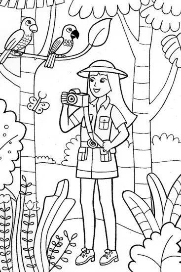 A coloring page of Barbie as a Wildlife Photographer Coloring Page