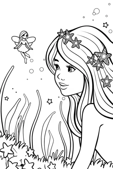 A coloring page of Mermaid tending her starry garden