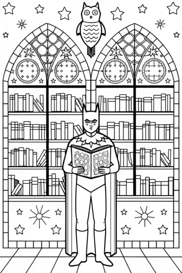 A coloring page of Batman and the Enchanted Library Coloring Page