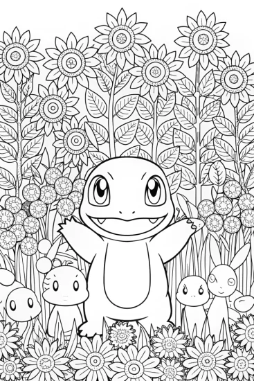 A coloring page of Charmander’s Garden Adventure Coloring Page