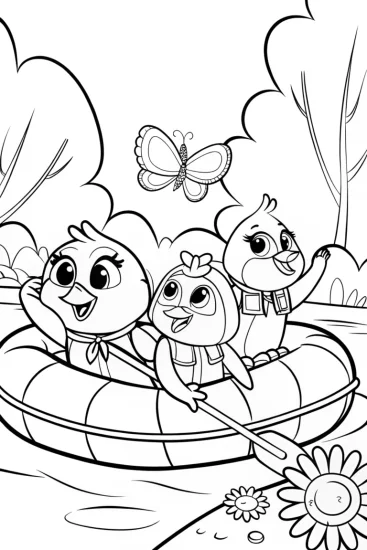 A coloring page of Chickens in a Raft Adventure Coloring Page