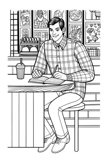 A coloring page of Miles Morales at the Comic Café Coloring Page