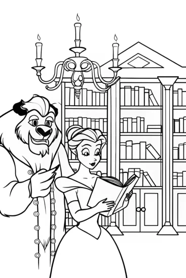 A coloring page of Belle and the Beast’s Magical Library Coloring Page