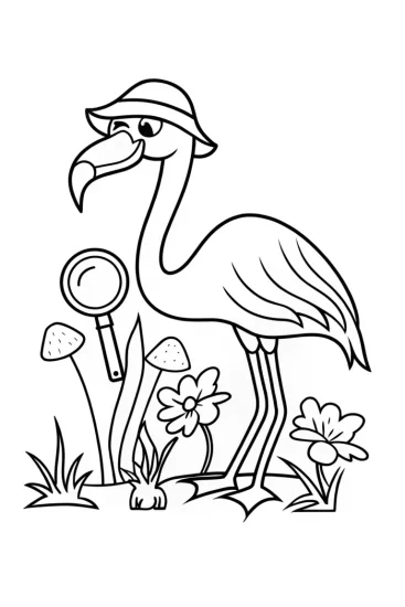 A coloring page of Curious Flamingo Explorer Coloring Page
