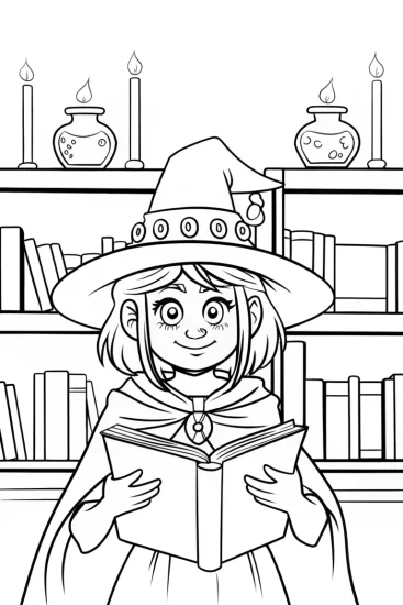 A coloring page of Witch’s Library of Spells Coloring Page