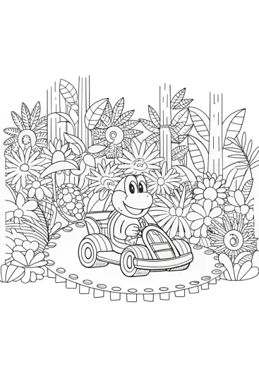 A coloring page of Yoshi’s kart ride through the jungle