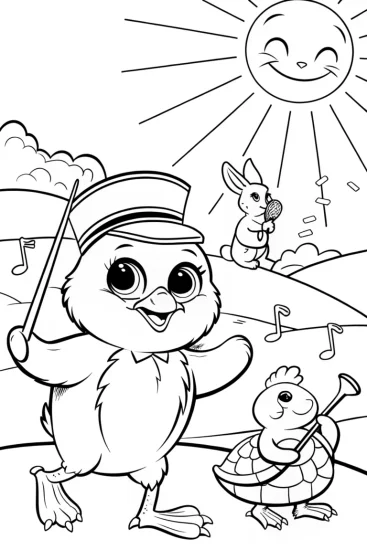 A coloring page of Chick’s Musical Parade Coloring Page
