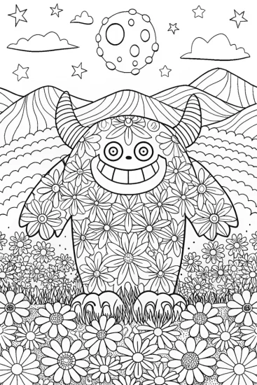 A coloring page of Monster in the Moonlit Meadow Coloring Page