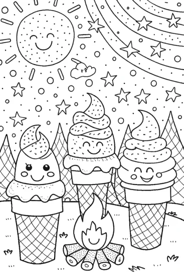 A coloring page of Ice Cream Cones Camping Under the Stars Coloring Page