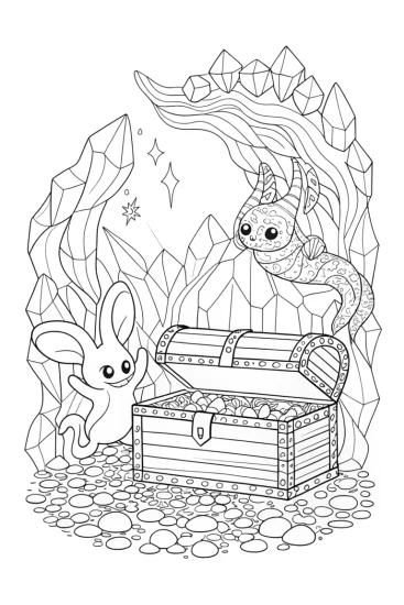 A coloring page of Goomy and Dratini Treasure Hunt Coloring Page