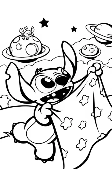 A coloring page of Stitch’s Intergalactic Quilt Adventure Coloring Page