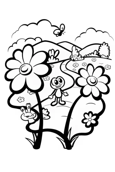 A coloring page of Huggy Wuggy’s Adventure in the Enchanted Garden