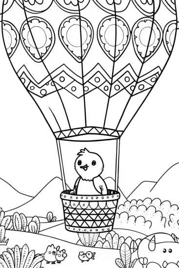 A coloring page of Chick’s Balloon Safari Adventure Coloring Page