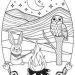 Cozy Campfire Night with Rabbit Coloring Page