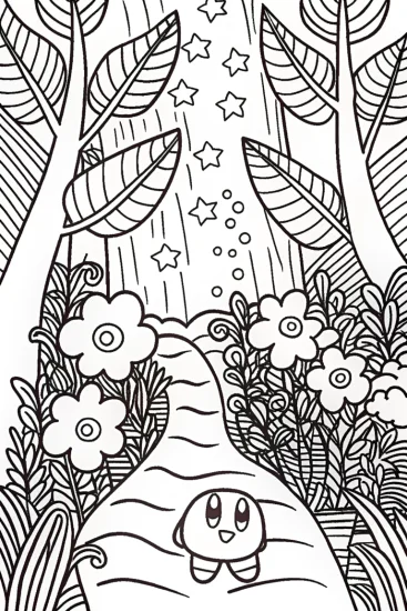 A coloring page of Kirby’s Magical Forest Adventure Coloring Page