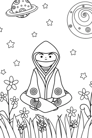 A coloring page of Ninja in a Cosmic Garden Coloring Page