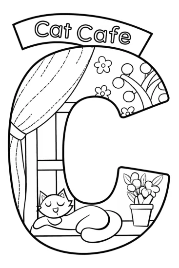 A coloring page of Charming Cat Café Coloring Page