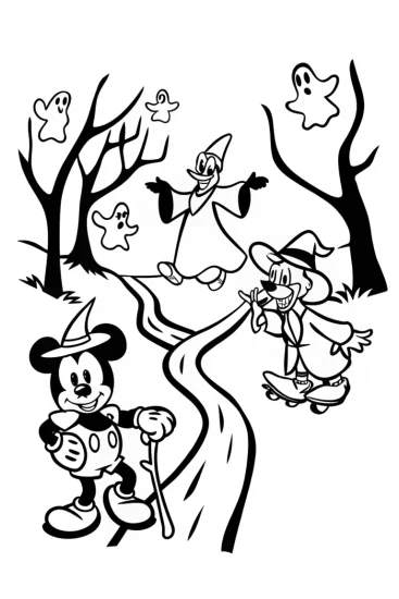 A coloring page of Mickey and Friends’ Haunted Halloween Adventure Coloring Page