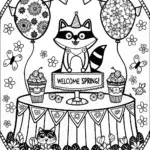 Raccoon Spring Party Coloring Page