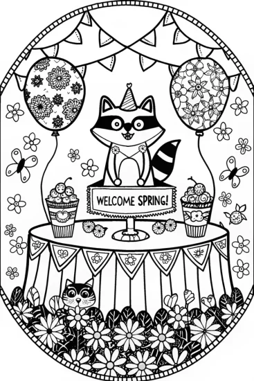 A coloring page of Raccoon Spring Party Coloring Page