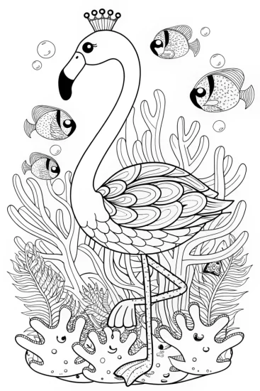 A coloring page of Flamingo Adventures Underwater Coloring Page