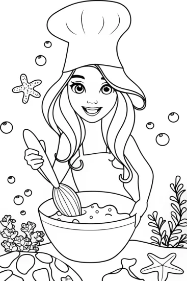A coloring page of Mermaid Baker’s Delight Coloring Page