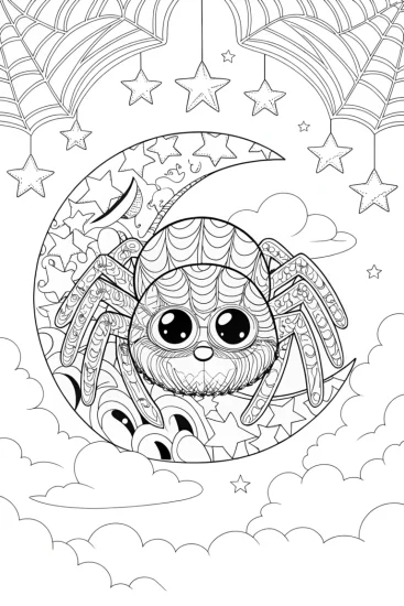 A coloring page of Spider Dreaming Among the Stars Coloring Page
