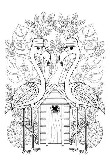 A coloring page of Flamingo Carpenters in the Forest Coloring Page