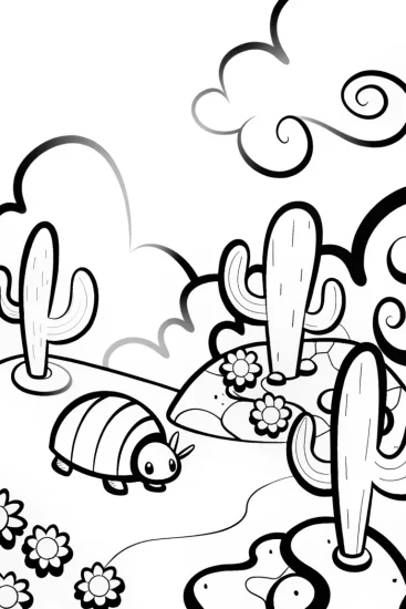A coloring page of The Adventurous Armadillo in the Desert Coloring Page