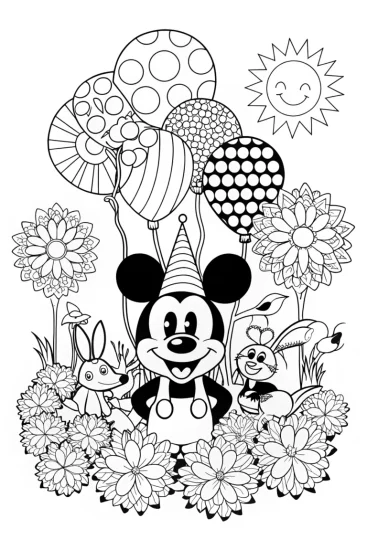 A coloring page of Mickey Mouse’s Enchanted Garden Party Coloring Page