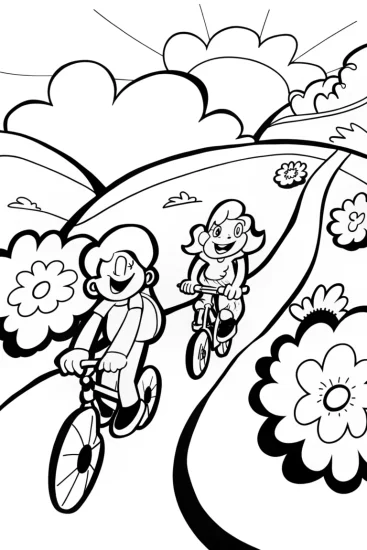 A coloring page of Rainbow High Adventure on Colorful Bikes Coloring Page