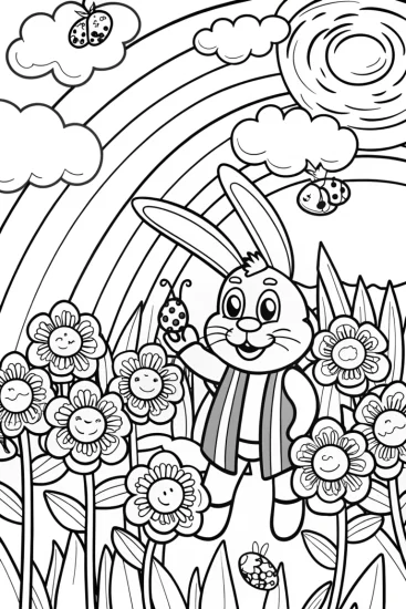 A coloring page of Rainbow Bunny in a Magical Garden Coloring Page