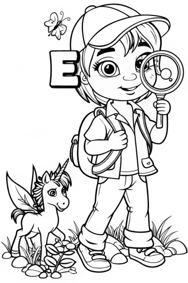 A coloring page of E Explores the Enchanted Forest Coloring Page