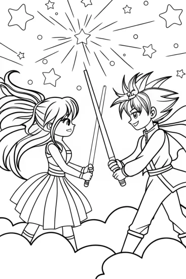 A coloring page of Epic Anime Duel in the Sky Coloring Page
