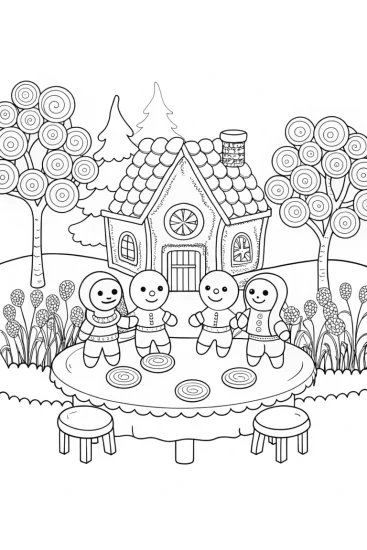 A coloring page of Gingerbread House Garden Party Coloring Page