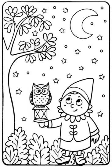 A coloring page of Nibbles the Gnome’s Starry Night Coloring Page