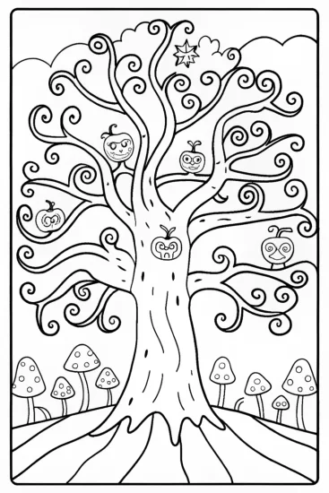 A coloring page of The Enchanted Halloween Tree Coloring Page