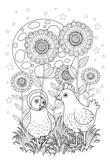 A coloring page of Chickens in a Galactic Garden Coloring Page