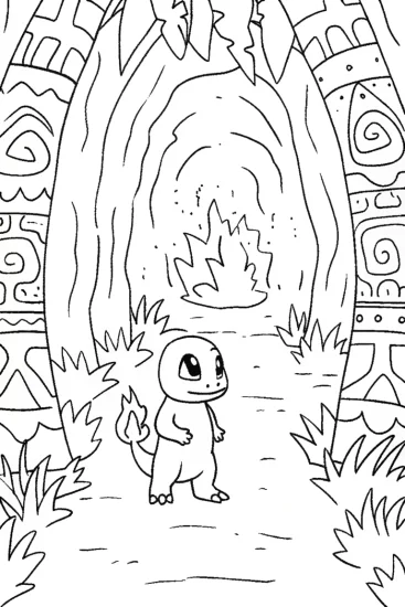 A coloring page of Charmander’s Candlelit Cave Adventure Coloring Page