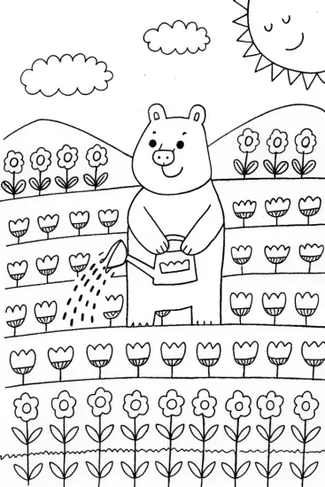 A coloring page of Whimsical Wombat Gardening Adventure Coloring Page