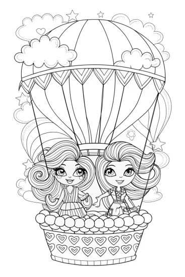 A coloring page of Bratz Dolls Hot Air Balloon Adventure Coloring Page