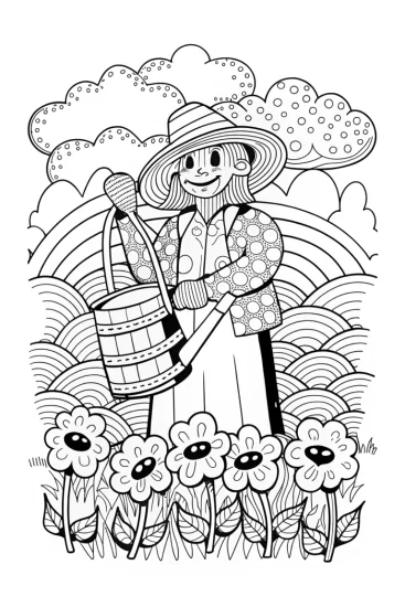 A coloring page of Banban’s Whimsical Watering Can Adventure Coloring Page