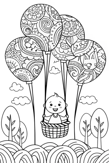 A coloring page of Baby’s Adventure in a Balloon Forest Coloring Page