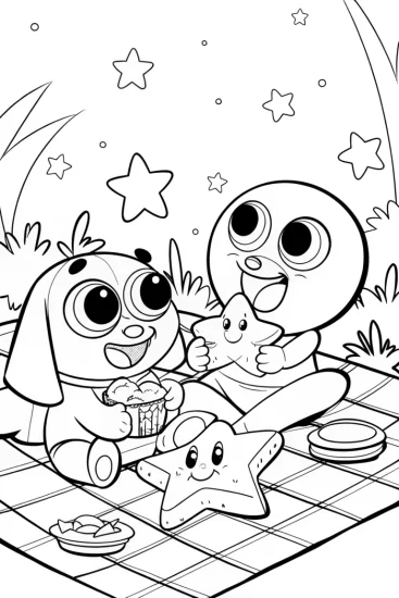 A coloring page of Bluey and Bingo’s Space Picnic Coloring Page