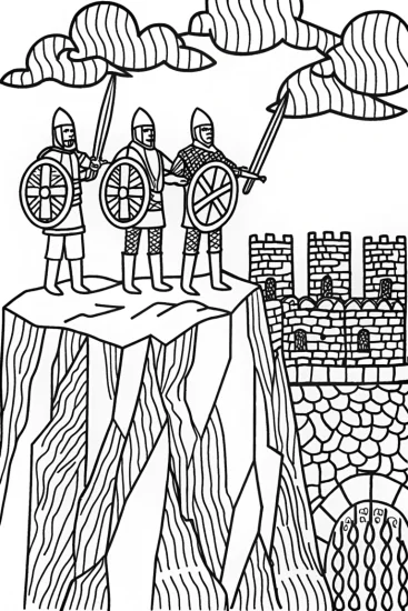 A coloring page of Heroes Defend the Crumbling Fortress Coloring Page