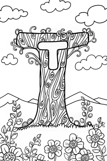 A coloring page of The Adventurous Letter ‘T’ Coloring Page