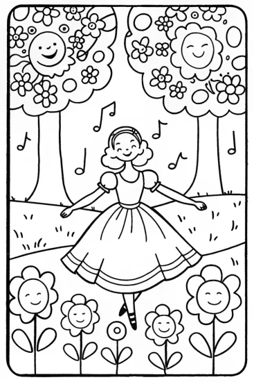 A coloring page of Alice in the Musical Garden Coloring Page
