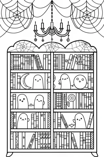 A coloring page of The Magical Halloween Library Coloring Page