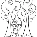 Ninja practicing archery in a magical orchard