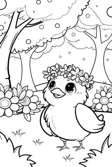 A coloring page of Chick in the Enchanted Orchard Coloring Page